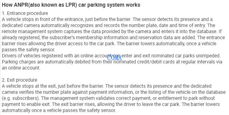 ANPR parking specification