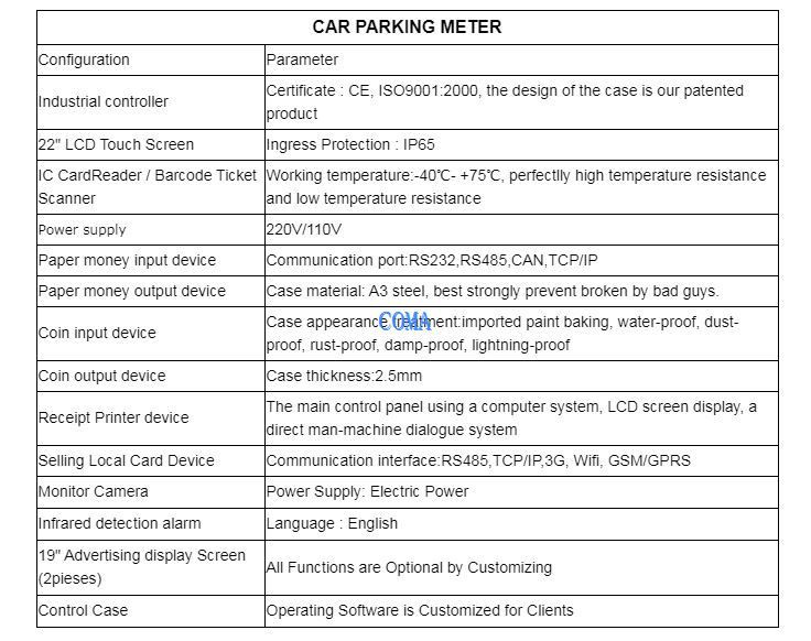 parking meter specification
